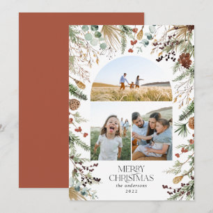 Christmas 3 photo arch watercolor botanical floral holiday card