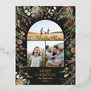 Christmas 3 photo botanical floral  foil holiday postcard