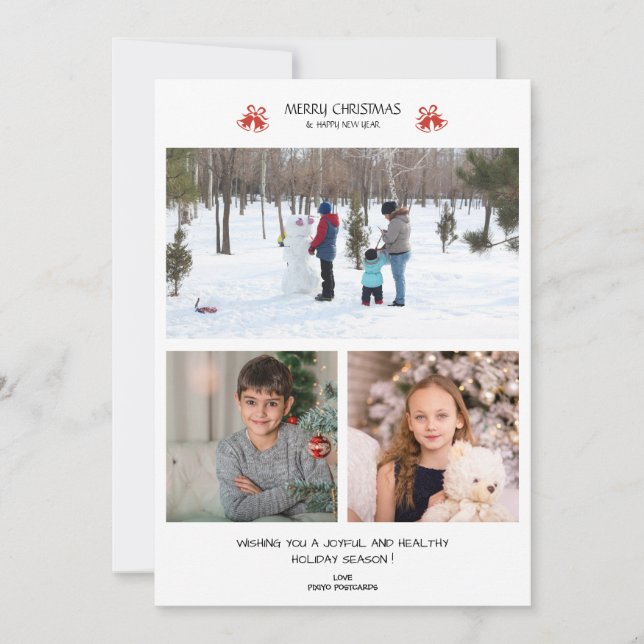 Christmas 3 Photo Collage Holiday Greeting Card (Front)