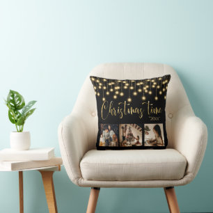 Christmas 3 Photo Collage Rustic String Lights Cushion