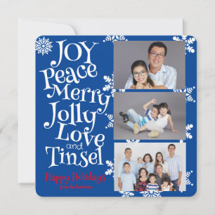 Christmas 3 Photo Fun Simple Blue and White Cute Holiday Card
