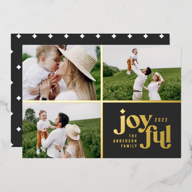 Christmas 3 photo modern black foil holiday card (Front/Back)