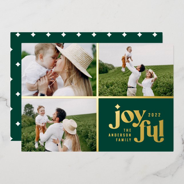 Christmas 3 photo modern green  foil holiday card (Front/Back)