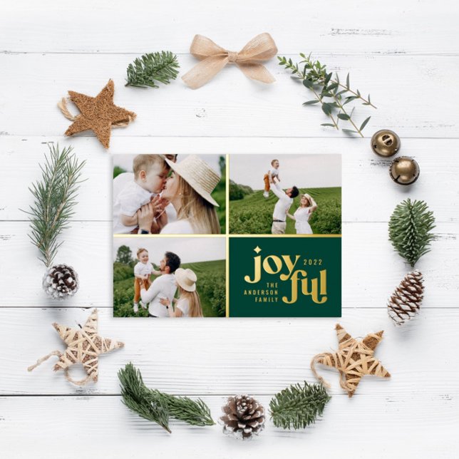 Christmas 3 photo modern green foil holiday card (Creator Uploaded)