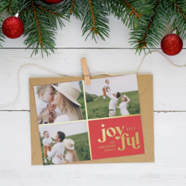 Christmas 3 photo modern red foil holiday card (Creator Uploaded)