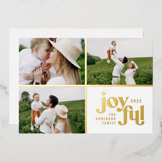 Christmas 3 photo modern white foil holiday card (Front/Back)
