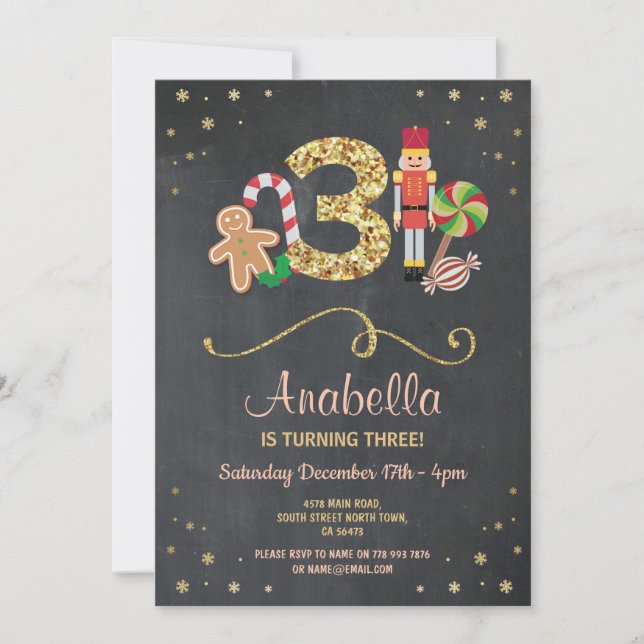 Christmas 3 Three Birthday Holidays 3rd Invite (Front)