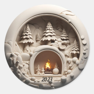 Christmas 3D Fireplace Trees Classic Round Sticker