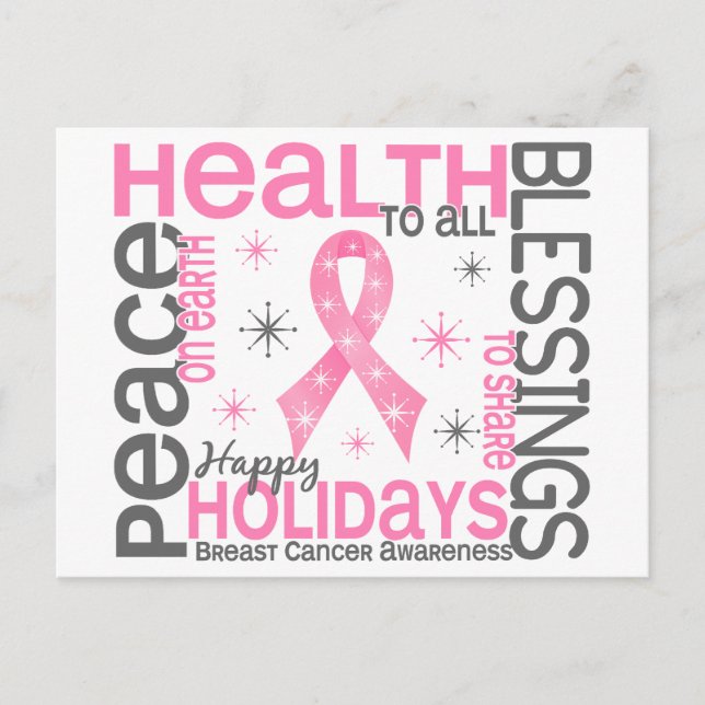 Christmas 4 Breast Cancer Snowflakes Holiday Postcard (Front)