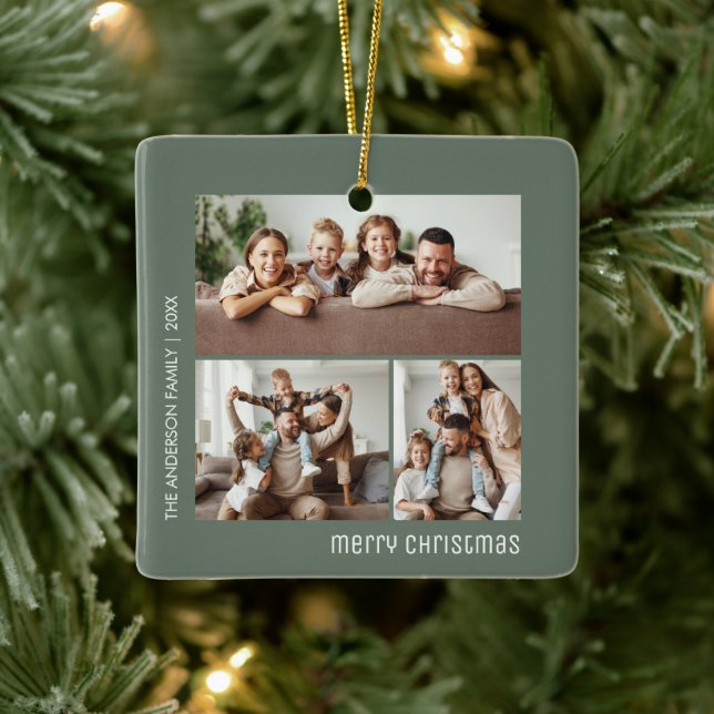 Christmas 4 Family Photos Collage Sage Green Ceramic Ornament (Tree)