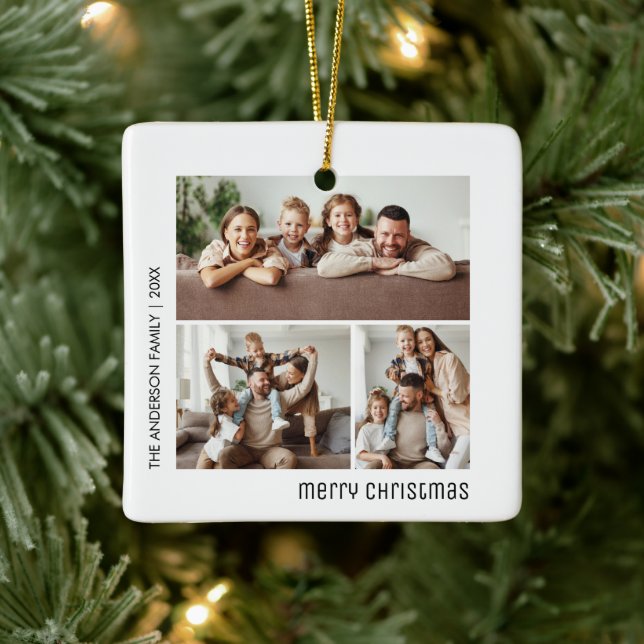 Christmas 4 Family Photos Collage White and Black Ceramic Ornament (Tree)