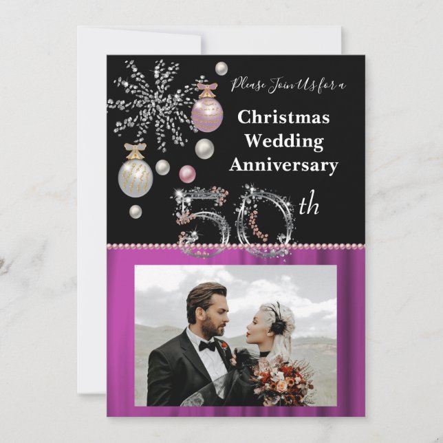 Christmas 50th Wedding Anniversary Black & Silver  Invitation (Front)