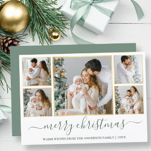 Christmas 5 Photo Calligraphy Sage Green Gold Holiday Card