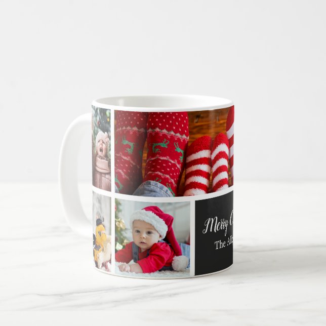 Christmas 5 Photo Collage with Family Name, Black Coffee Mug (Front Left)