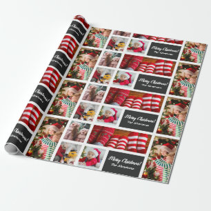 Christmas 5 Photo Collage with Family Name, Black Wrapping Paper