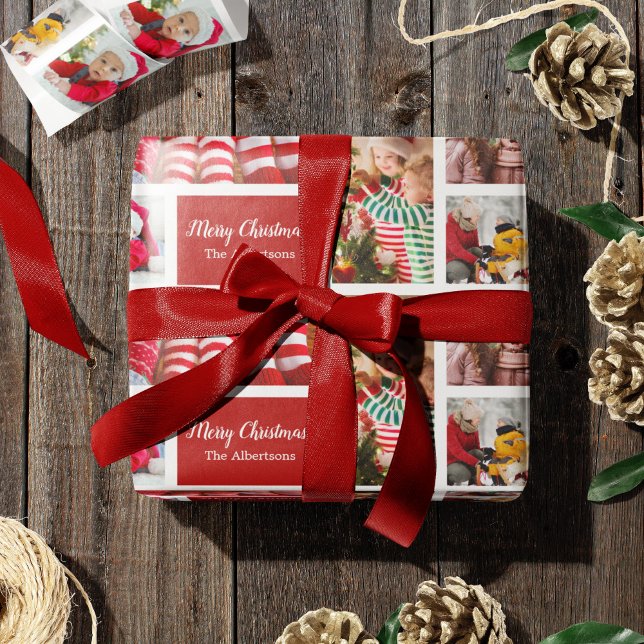 Christmas 5 Photo Collage with Family Name, Red Wrapping Paper (Creator Uploaded)