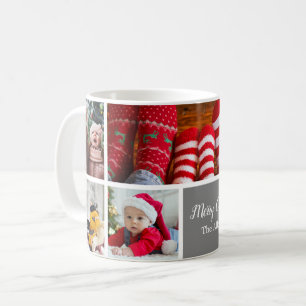 Christmas 5 Photo Collage with Family Name, Silver Coffee Mug