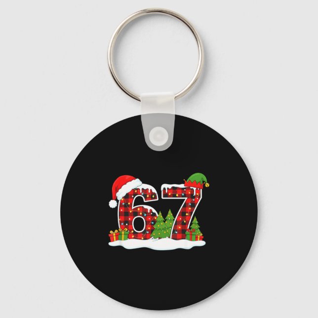 Christmas 67 Buffalo Plaid Six Seven Santa &amp; E Key Ring (Front)