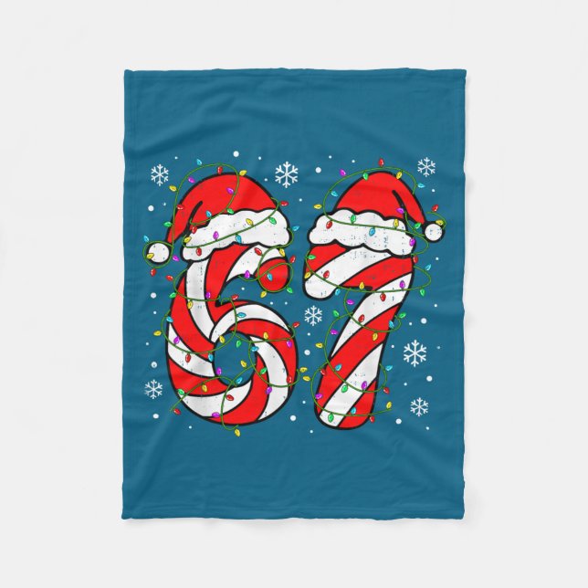 Christmas 67 Candy Cane Six Seven Meme Lights Sant Fleece Blanket (Front)