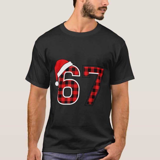 Christmas 67 Meme Six Seven Buffalo Plaid Santa Ha T-Shirt (Front)