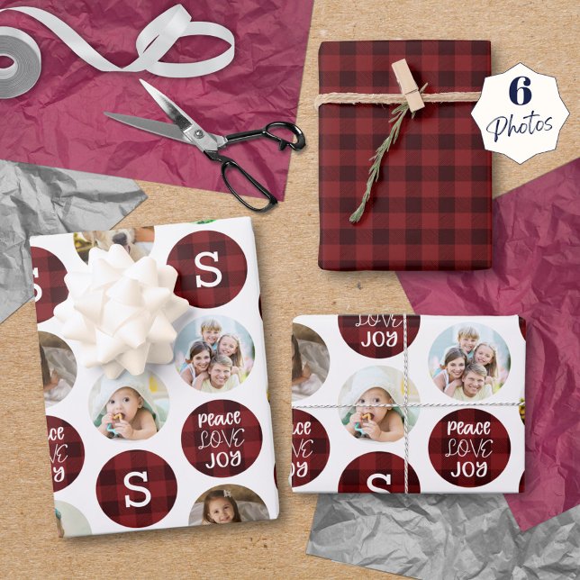 Christmas 6 Photo Monogram PEACE LOVE JOY Red Wrapping Paper Sheet (Creator Uploaded)