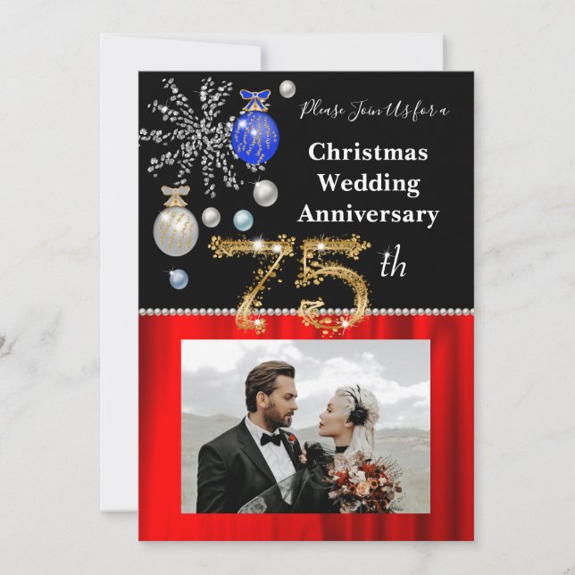 Christmas 75th Wedding Anniversary Black & Gold Invitation (Front)