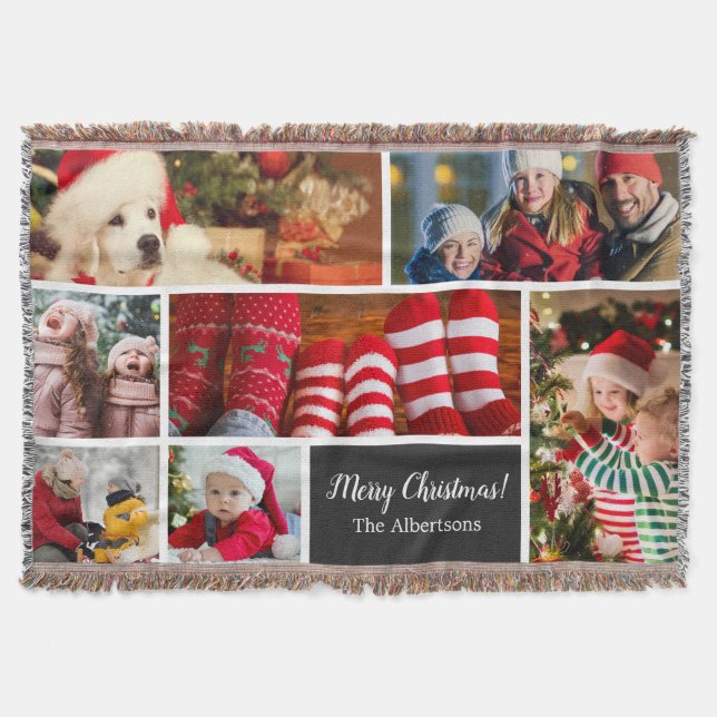 Christmas 7 Photo Collage with Family Name, Black Throw Blanket (Front)