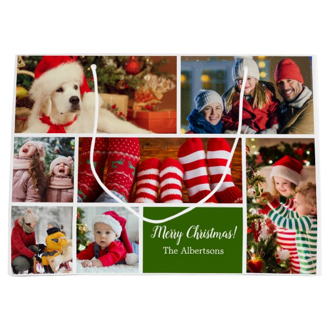 Christmas 7 Photo Collage with Family Name, Green Large Gift Bag (Front)