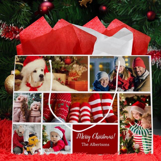 Christmas 7 Photo Collage with Family Name, Red Large Gift Bag (Creator Uploaded)