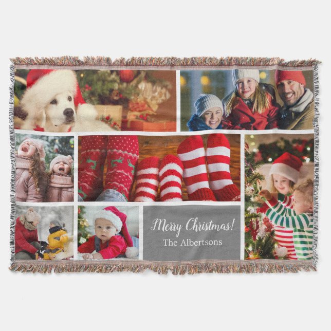 Christmas 7 Photo Collage with Family Name, Silver Throw Blanket (Front)