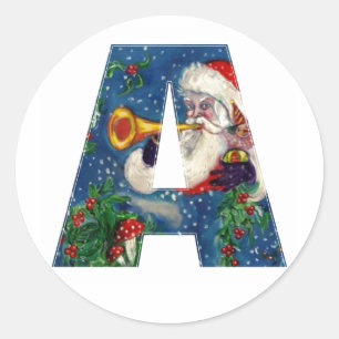 CHRISTMAS A LETTER / SANTA CLAUS BUGLER CLASSIC ROUND STICKER