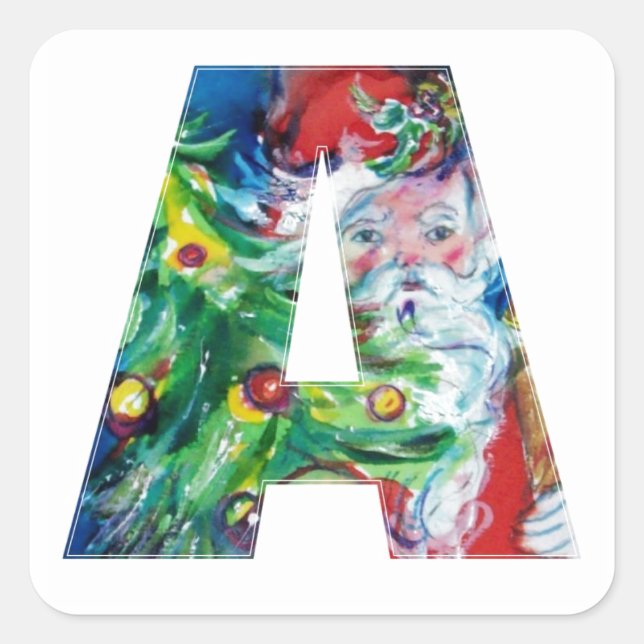 CHRISTMAS A LETTER / SANTA WITH CHRISTMAS TREE SQUARE STICKER (Front)