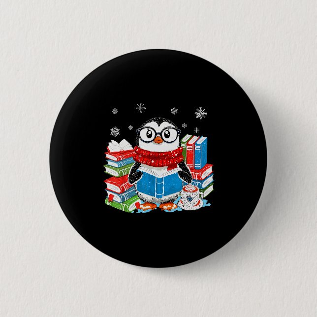 Christmas A Penguin Reading Book Snowflake Cocoa H 6 Cm Round Badge (Front)