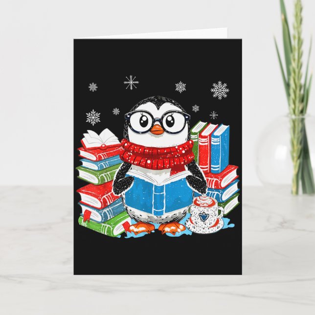 Christmas A Penguin Reading Book Snowflake Cocoa H Card (Front)
