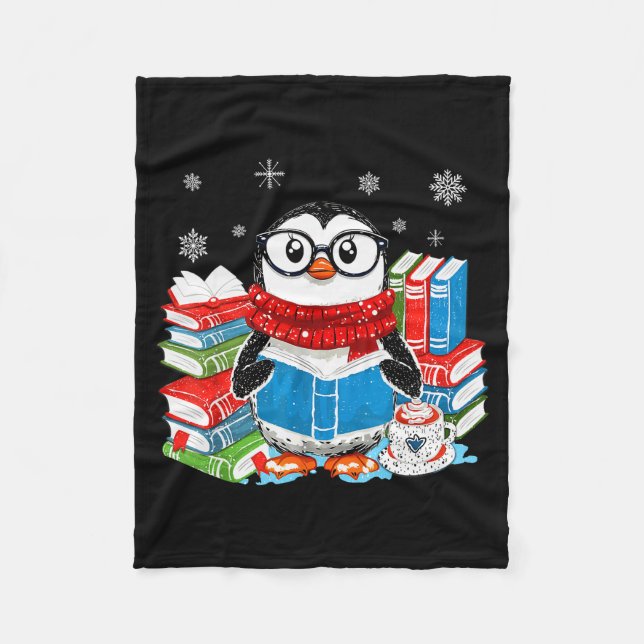 Christmas A Penguin Reading Book Snowflake Cocoa H Fleece Blanket (Front)