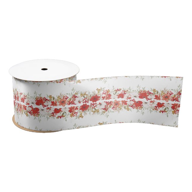 christmas abundance elegant red botanical foliage satin ribbon (Spool)