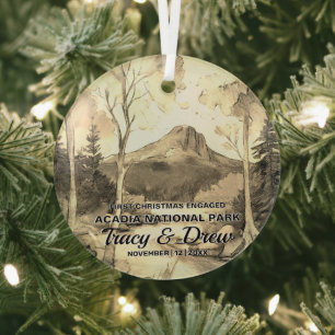 Christmas Acadia National Park Sepia Engage Couple Glass Tree Decoration
