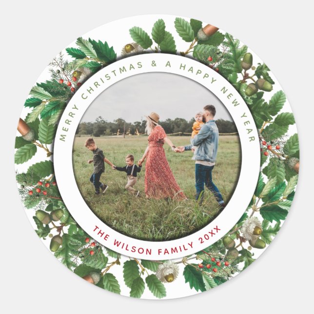 Christmas Acorn Wreath Family Photo Classic Round Sticker (Front)