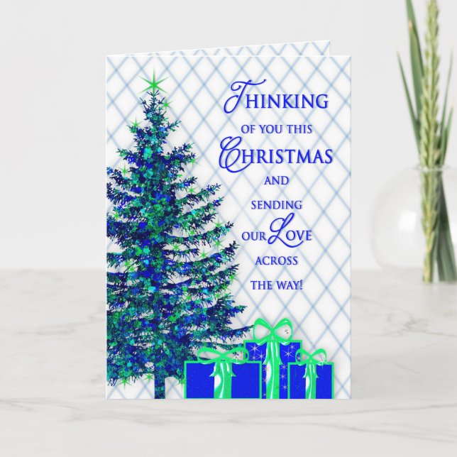 Christmas, Across the Miles, Blue/Tree, Gifts Holiday Card (Front)