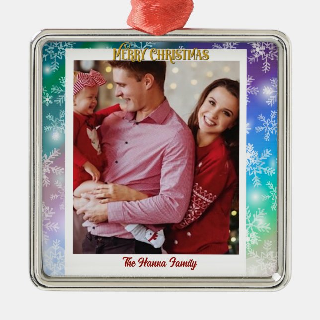 Christmas Add Your Picture and Name, Snowflake Metal Tree Decoration (Front)