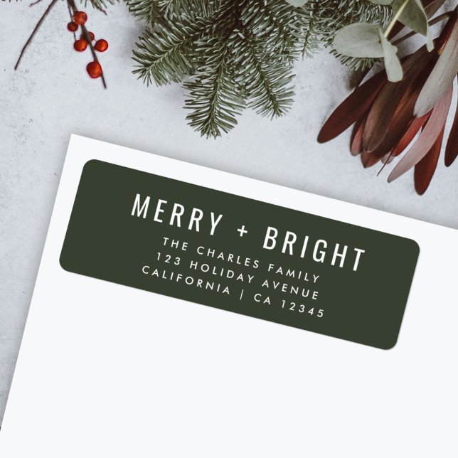 Christmas Address Label | Holiday Dark Green (Modern forest green “Merry + Bright” label by Guava for festive mail)