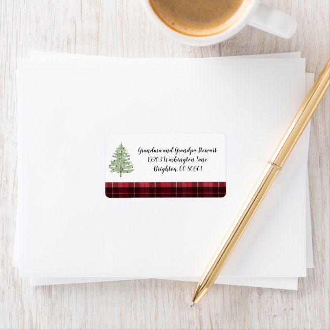 Christmas Address Label Watercolor Red Plaid /Tree (Insitu)