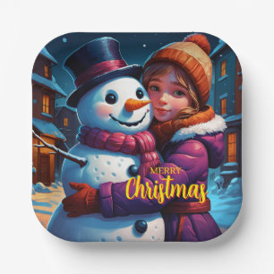 Christmas Adorable Girl And Snowman  Paper Plate