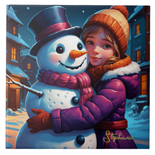 Christmas Adorable Girl And Snowman Tile