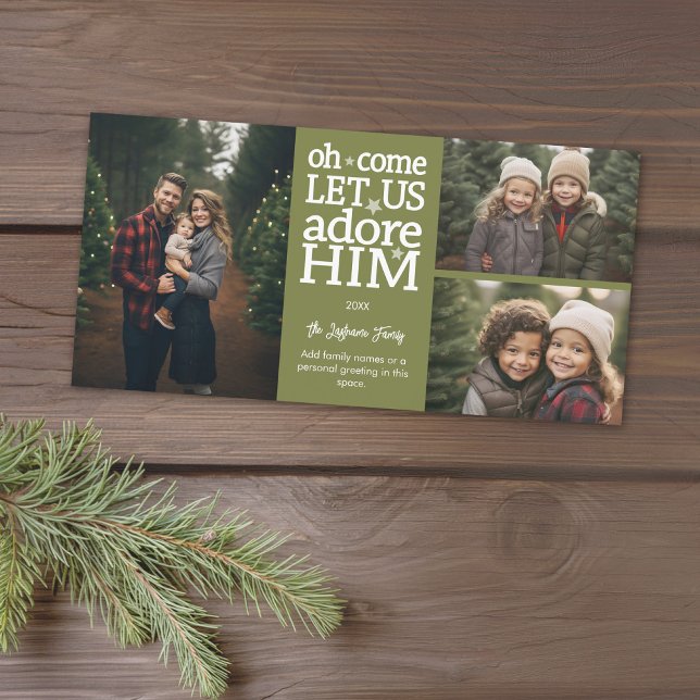 Christmas - Adore Him - 3 photo collage Holiday Card (A photo card with a Christmas theme. Add 3 photos and greeting. Download option available.)