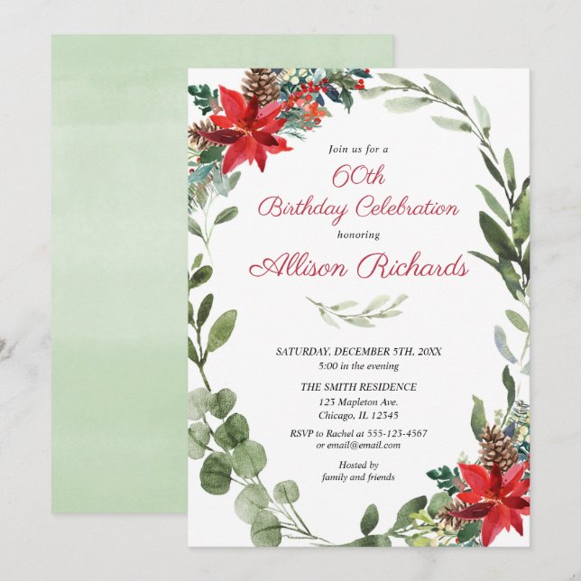 Christmas Adults Birthday red greenery floral Invitation (Front/Back)