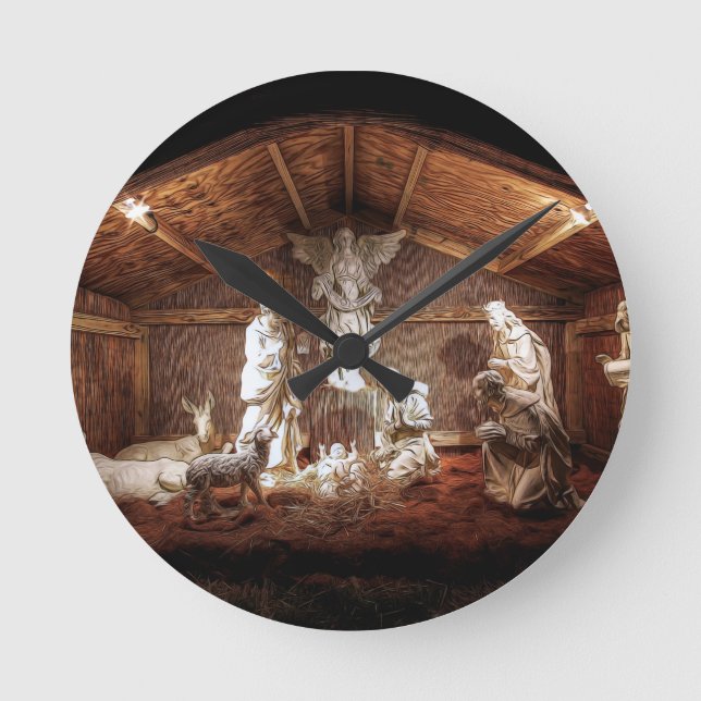 Christmas Advent Jesus Nativity Manger Scene Round Clock (Front)