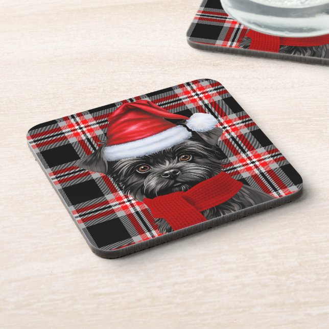 Christmas Affenpinscher Dog Red Plaid Holiday Coaster (Left Side)