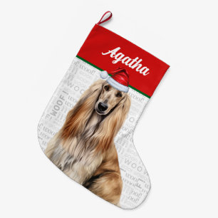 Christmas Afghan Hound Dog Name Woof Background Large Christmas Stocking