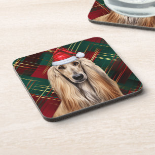 Christmas Afghan Hound Dog Red Plaid Holiday Coaster